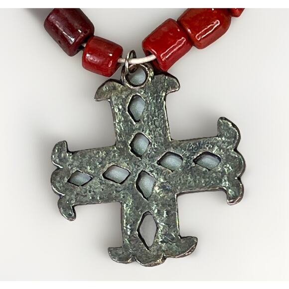 VTG Native American Turquoise & Red Coral Cross Necklace Sterling Silver Pendant - Picture 10 of 15